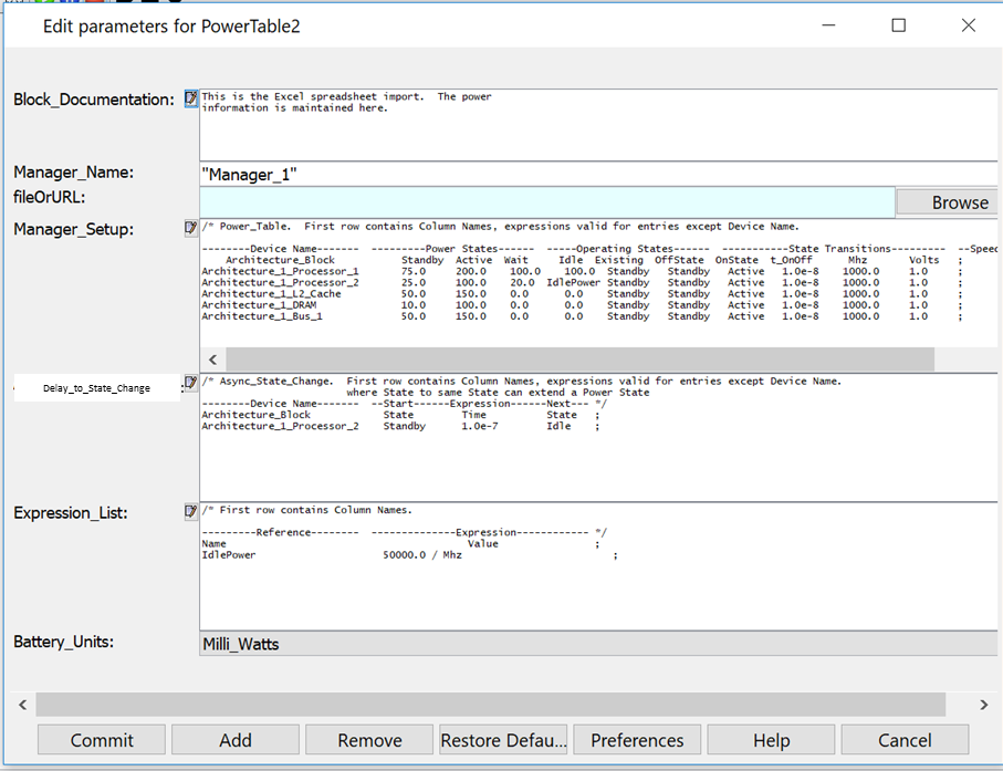 PowerTable Parameters