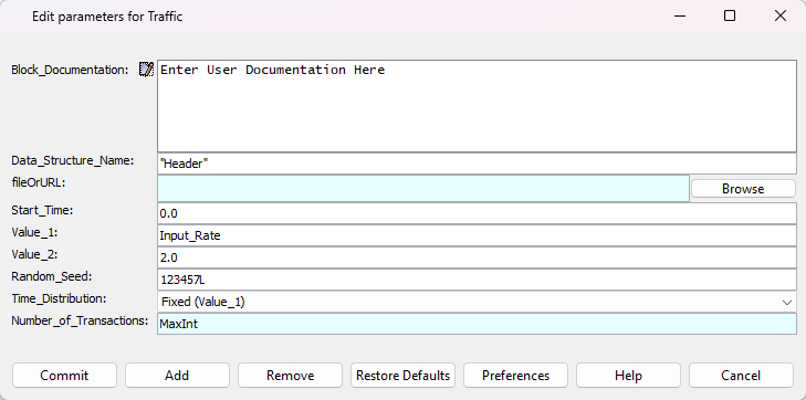 VisualSim model with parameters for the Transaction_Source